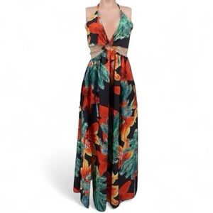 Tropical Halter Maxi Dress Backless Waist Chain Split Thigh